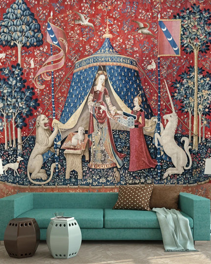 White Medieval Unicorn Tapestry