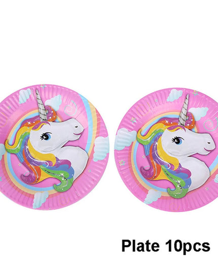 Pink Unicorn birthday plates with a rainbow-maned unicorn and clouds