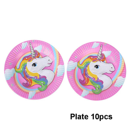 Pink Unicorn birthday plates with a rainbow-maned unicorn and clouds