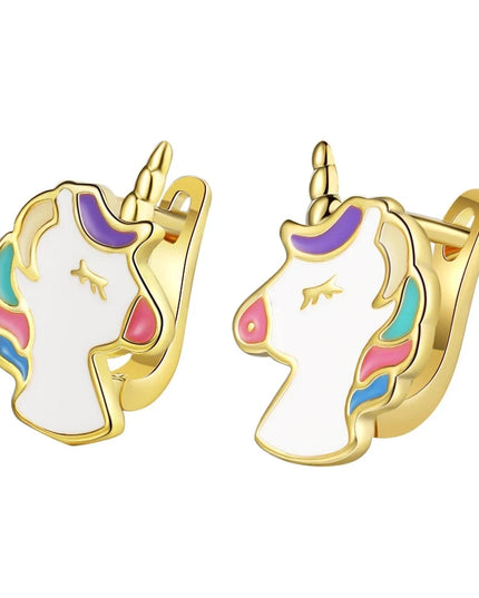Gold Enamel Unicorn Huggie Earrings
