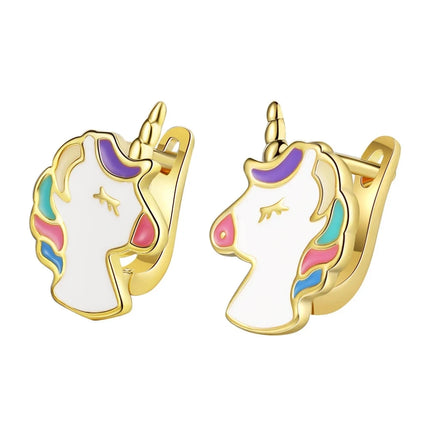 Gold Enamel Unicorn Huggie Earrings