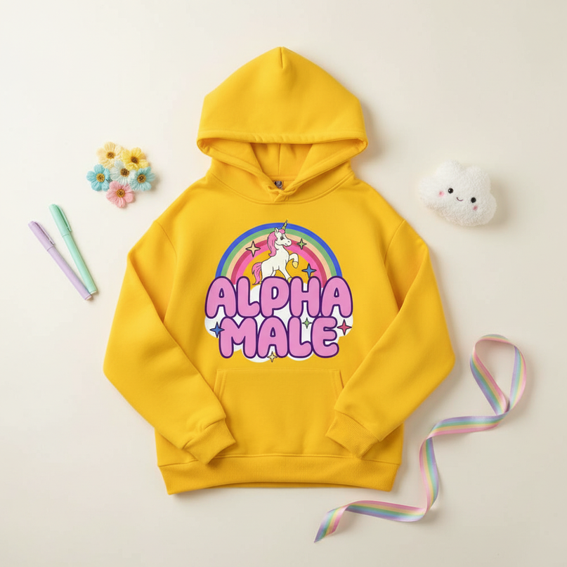 alpha male rainbow unicorn hoodie - flat-lay