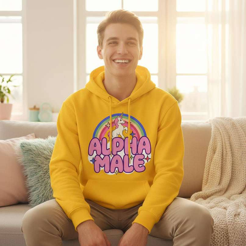 alpha male rainbow unicorn hoodie - in-use