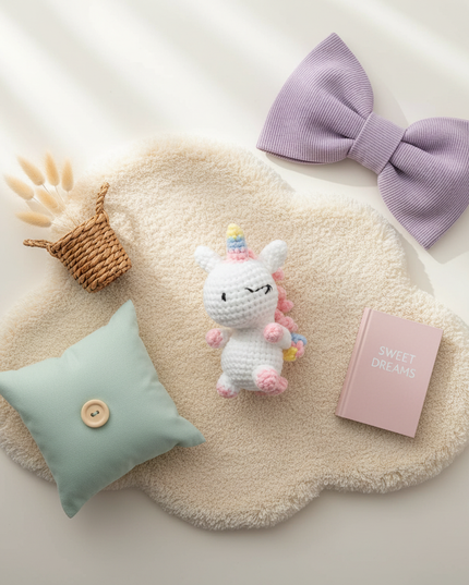 amigurumi unicorn plush - flat-lay