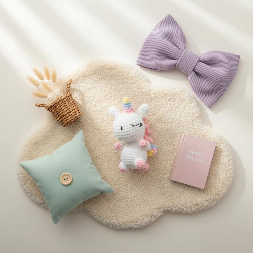 amigurumi unicorn plush - flat-lay