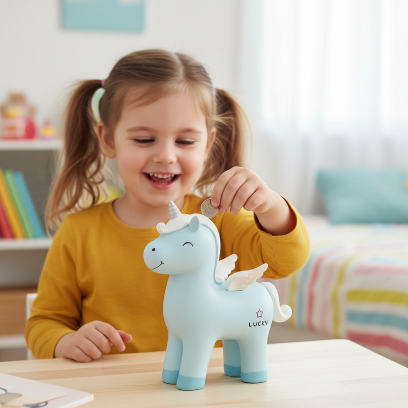 angelic unicorn piggy bank - in-use