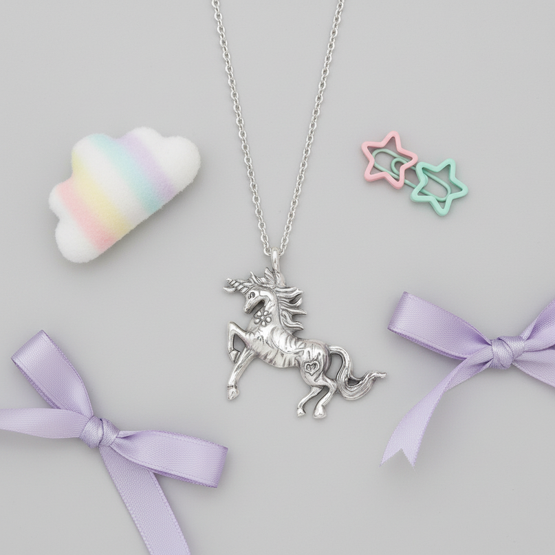 antique unicorn necklace - flat-lay