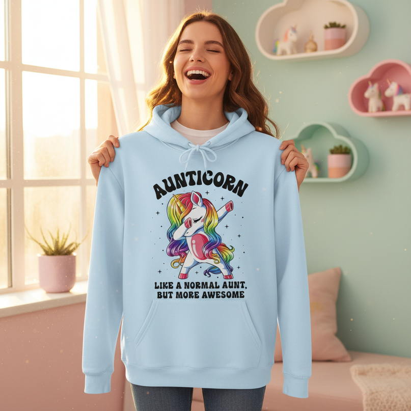 aunt unicorn dabbing hoodie - in-use
