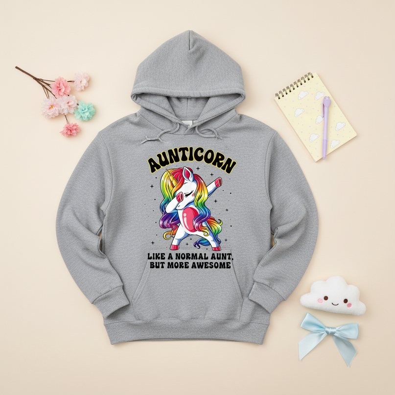 aunticorn dabbing hoodie - flat-lay