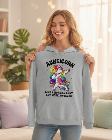 aunticorn dabbing hoodie - in-use