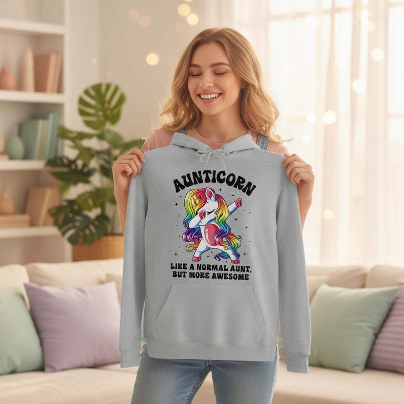 aunticorn dabbing hoodie - in-use