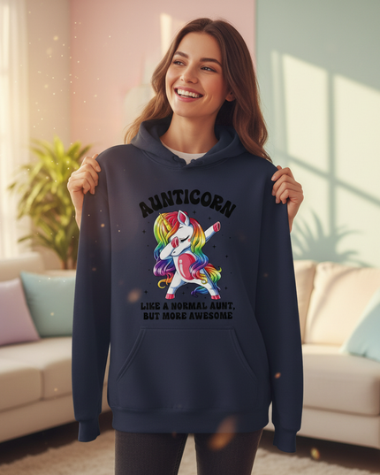 aunticorn pullover hoodie - in-use