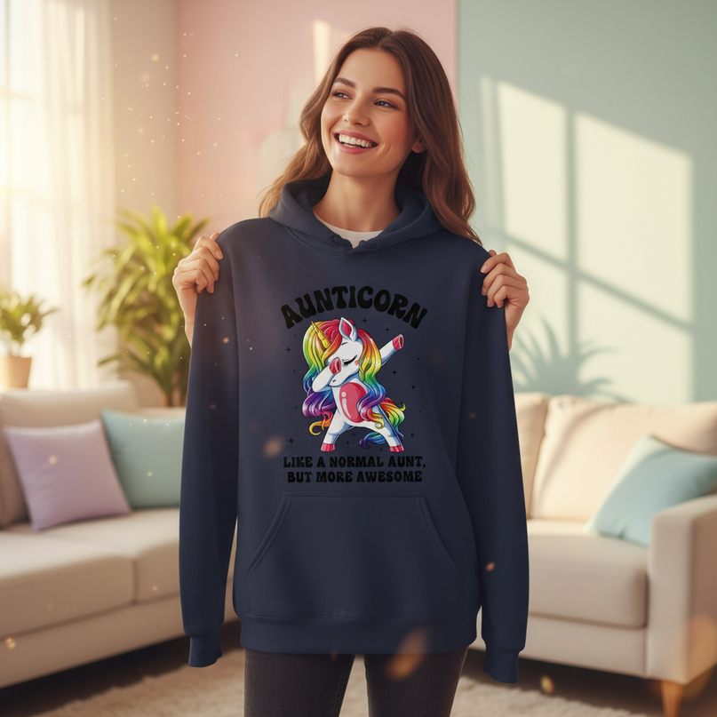 aunticorn pullover hoodie - in-use