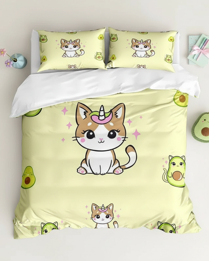 avocado caticorn bedding - flat-lay