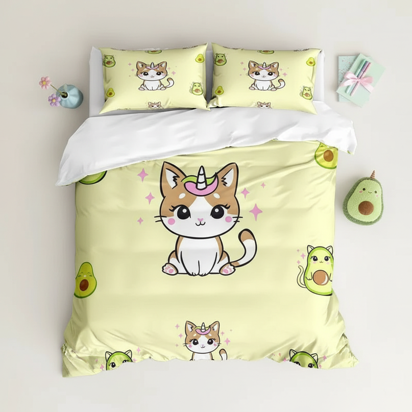avocado caticorn bedding - flat-lay