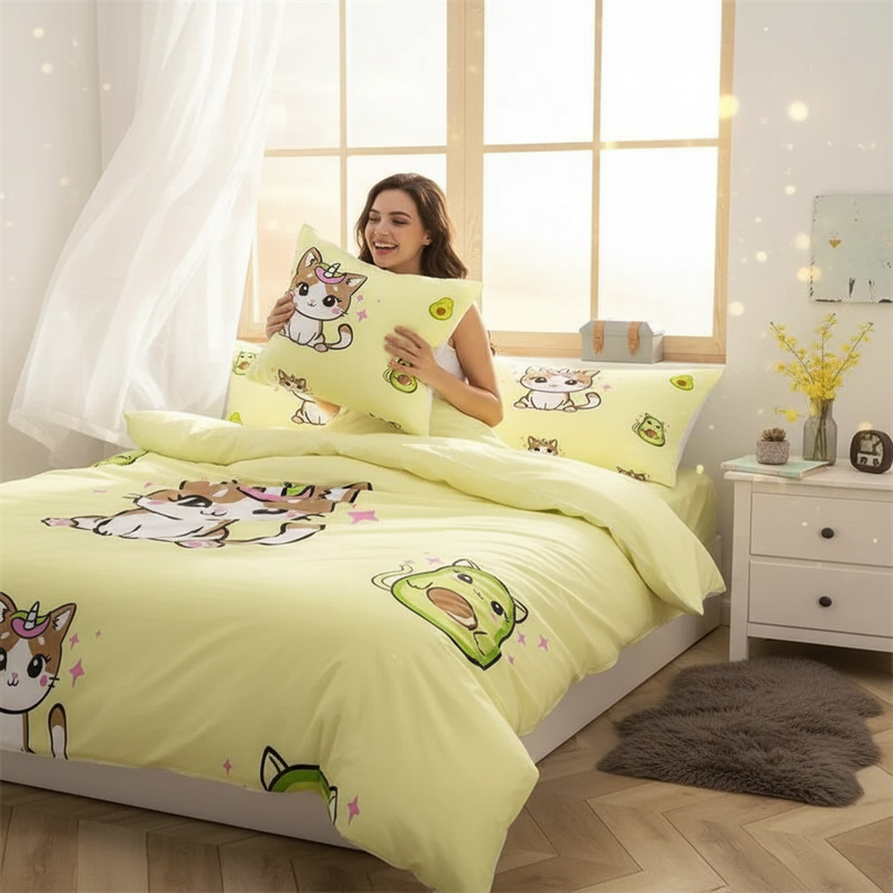 avocado caticorn bedding - in-use