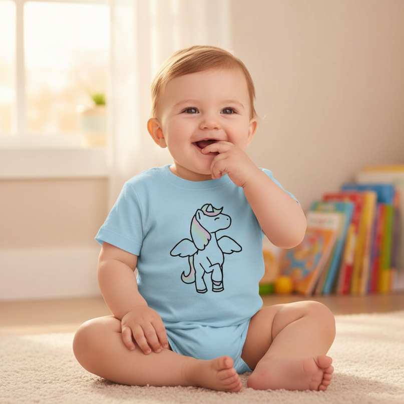 baby blue unicorn shirt - in-use