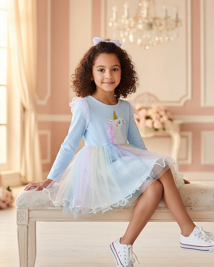 baby blue unicorn tutu dress - sitting