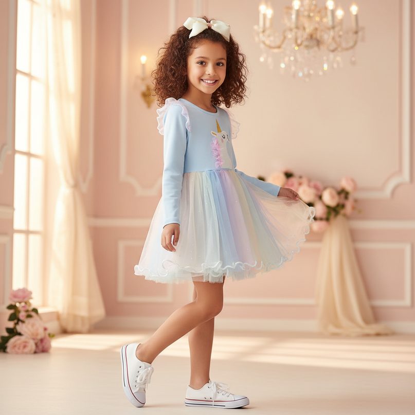 baby blue unicorn tutu dress - three-quarter