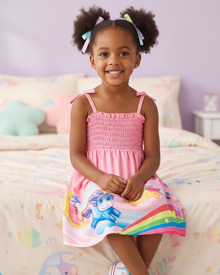 baby girl unicorn strap dress - sitting