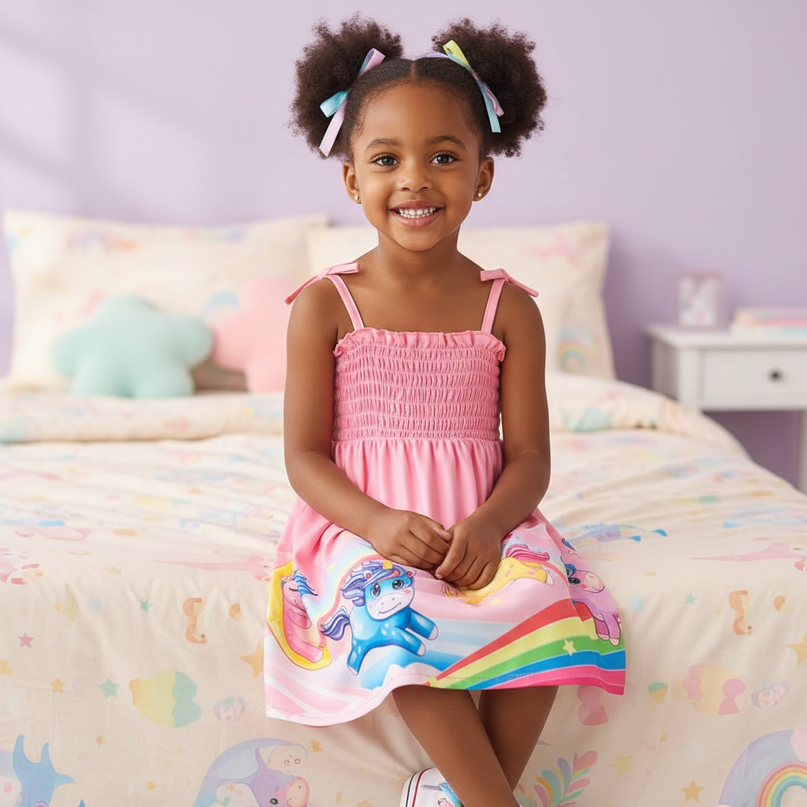 baby girl unicorn strap dress - sitting