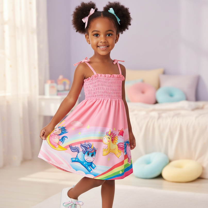 baby girl unicorn strap dress - three-quarter