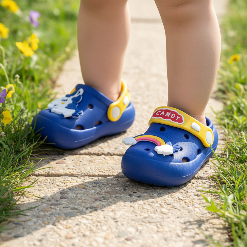 baby unicorn clogs - in-use