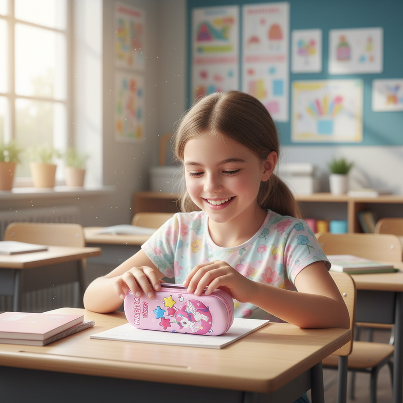 baby unicorn pencil case - in-use