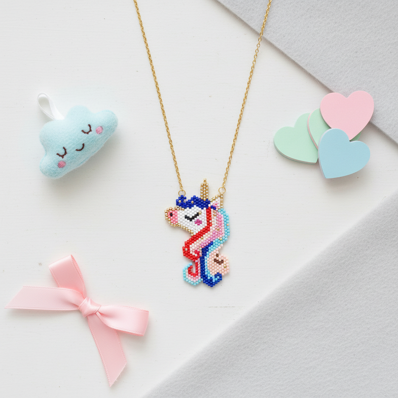 beaded unicorn necklace - flat-lay