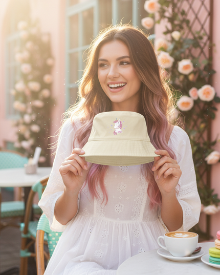 beige unicorn hat - in-use
