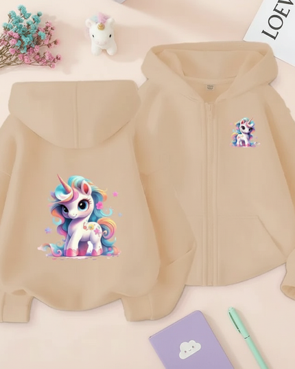 beige unicorn zip hoodie kids - flat-lay
