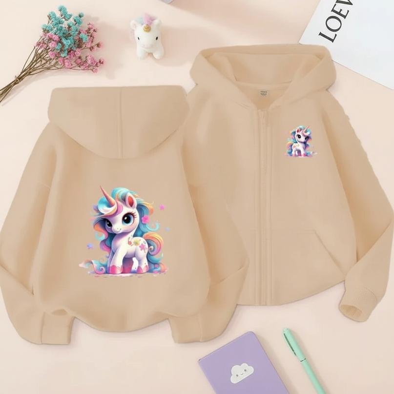 beige unicorn zip hoodie kids - flat-lay