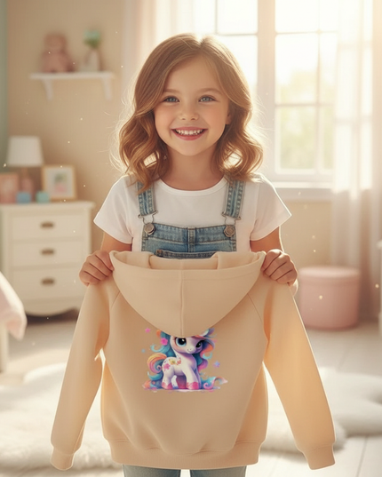 beige unicorn zip hoodie kids - in-use