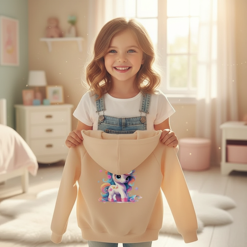 beige unicorn zip hoodie kids - in-use