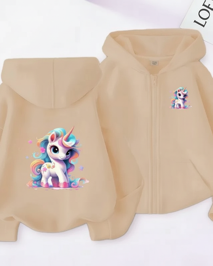 beige unicorn zip hoodie kids - white-bg