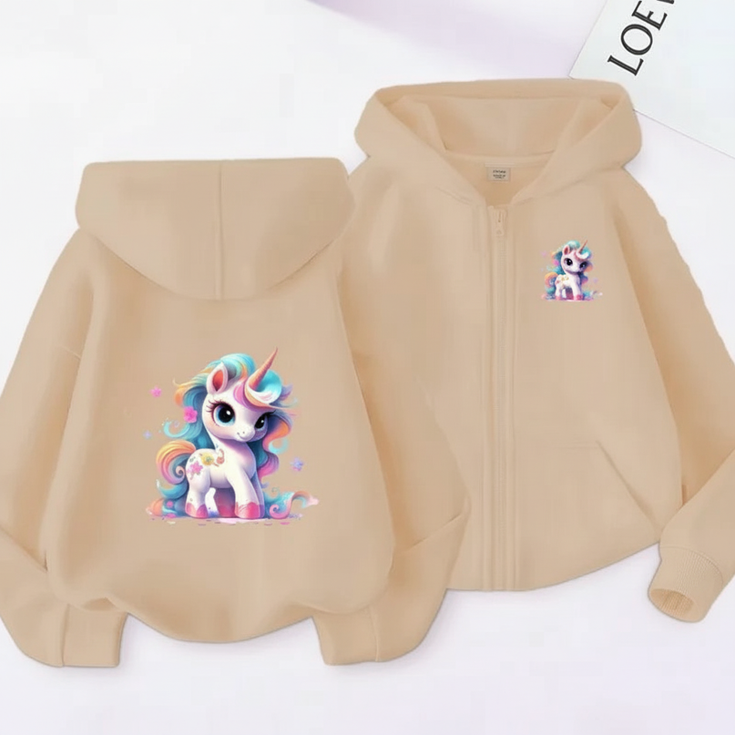 beige unicorn zip hoodie kids - white-bg