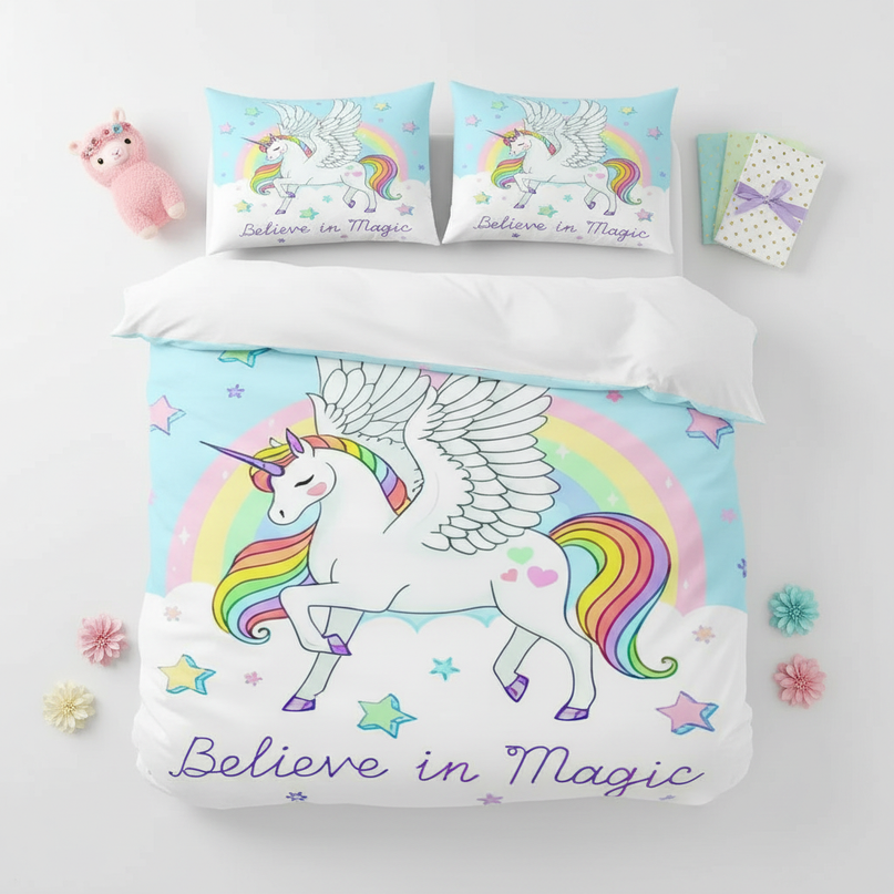 believe in magic pegasus bedding - flat-lay