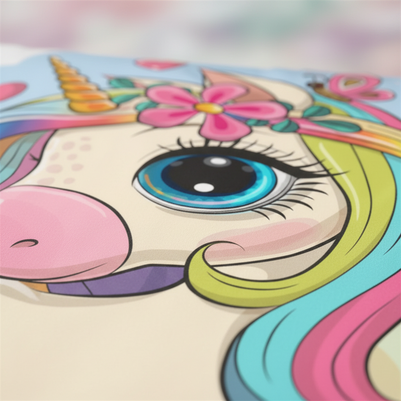 big cartoon sitting unicorn bedding - detail