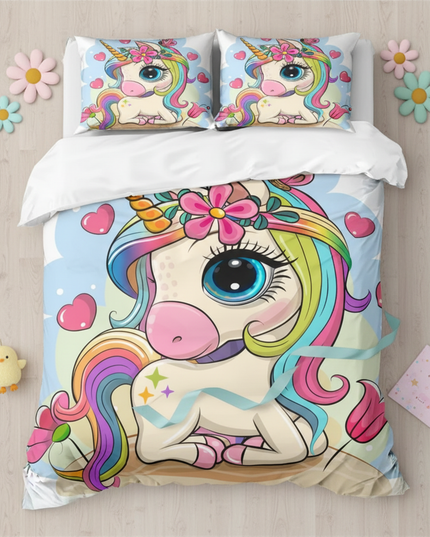 big cartoon sitting unicorn bedding - flat-lay