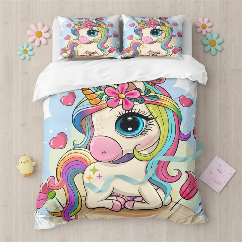 big cartoon sitting unicorn bedding - flat-lay