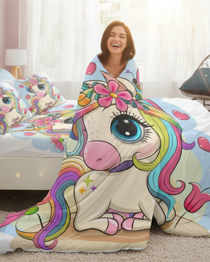big cartoon sitting unicorn bedding - in-use