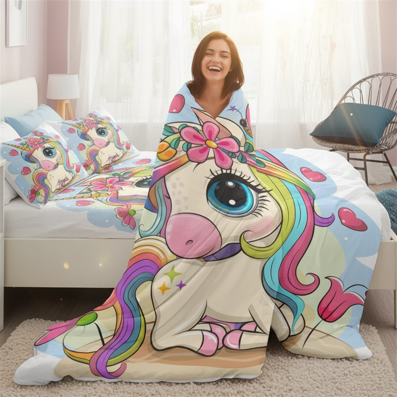 big cartoon sitting unicorn bedding - in-use
