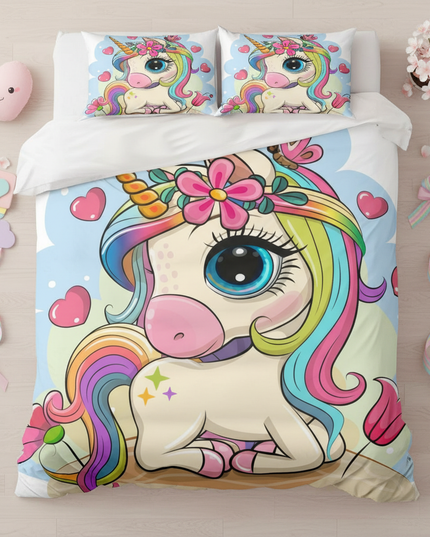 big eye kawaii heart unicorn bedding - flat-lay