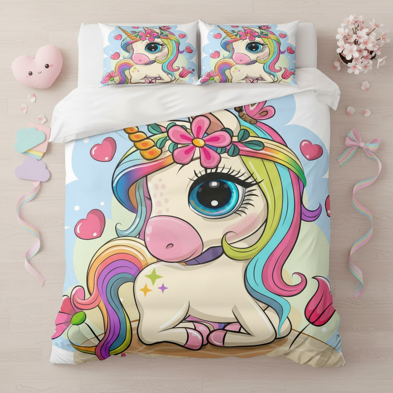 big eye kawaii heart unicorn bedding - flat-lay