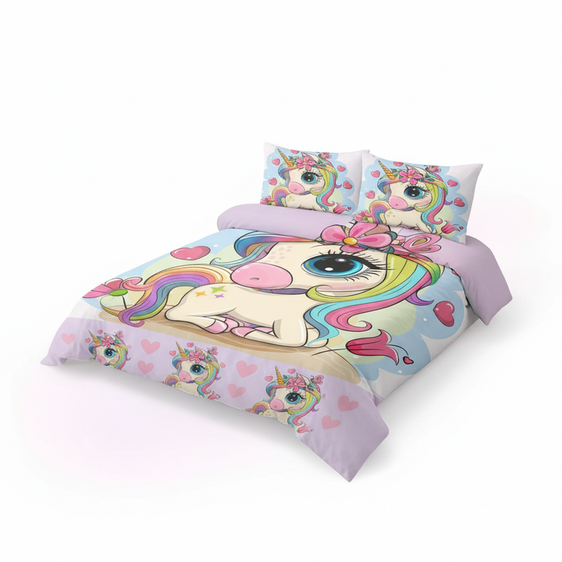 big eye kawaii heart unicorn bedding - white-bg