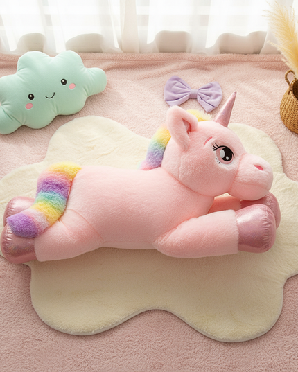 big fluffy unicorn stuffed animal - flat-lay