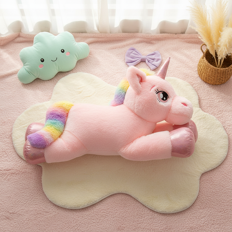 big fluffy unicorn stuffed animal - flat-lay
