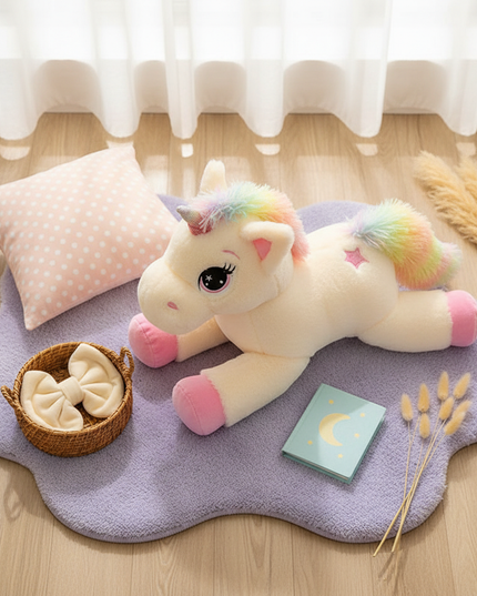 big pink unicorn plush stuffed animal - flat-lay