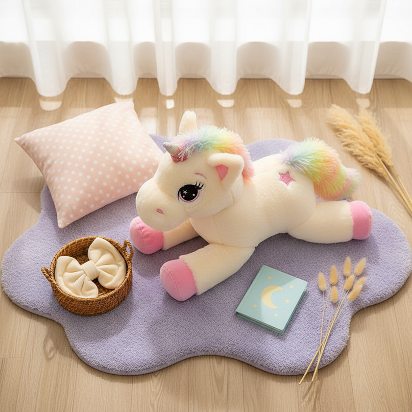 big pink unicorn plush stuffed animal - flat-lay