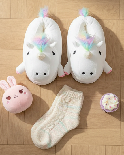 big unicorn slippers - flat-lay